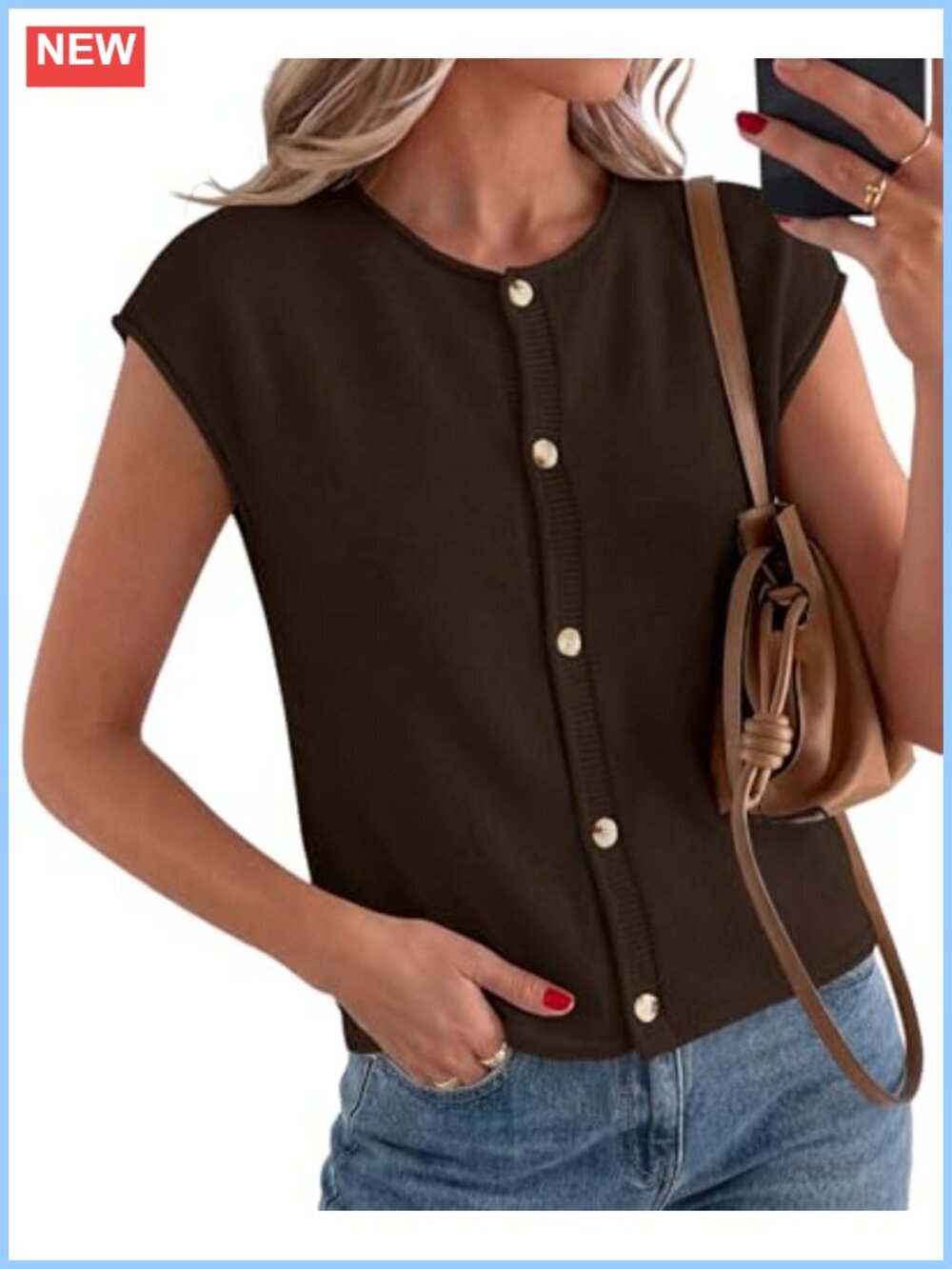 Sweater Vest Cap Short Sleeve Button Down Lightweight Loose Knit Top